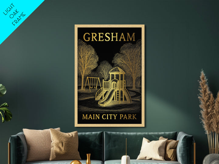 Gresham Oregon travel, Metallic Gold Print, Modern Skyline Wall Print, Metal Art, Wood Framed Art, Adventure Lover Gift, Travel Gift