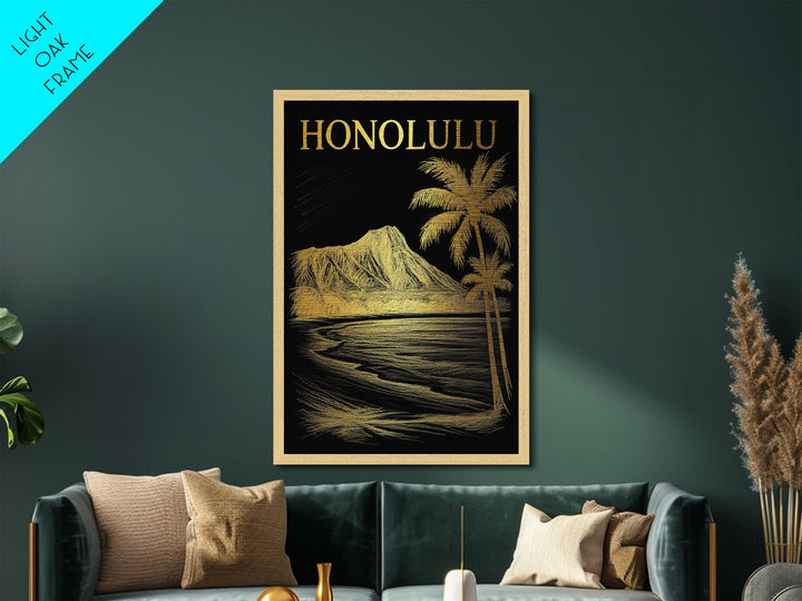 Honolulu Hawaii travel, Metallic Gold Print, Modern Skyline Wall Print, Metal Art, Wood Framed Art, Adventure Lover Gift, Travel Gift