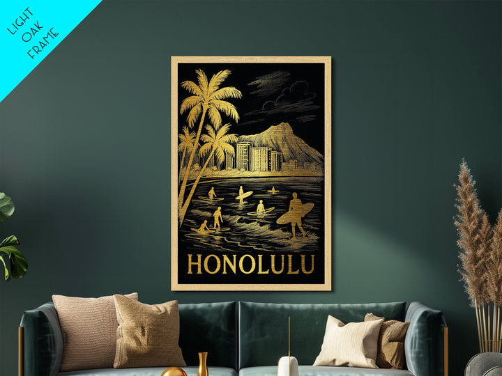 Honolulu Hawaii art, Metallic Gold Art, Housewarming Gift, Metal Art, Wood Framed Art, Newlywed Travel Gift, Honeymoon Gift
