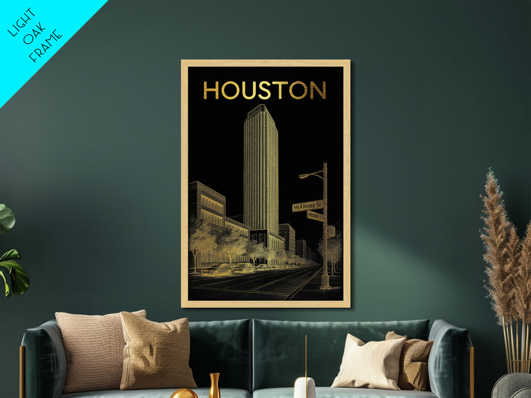 Houston Texas art, Metallic Gold Art, Office Decor, Metal Art, Wood Framed Art, Graduation Travel Gift, Destination Gift