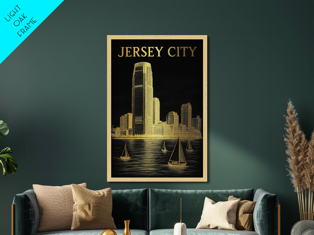 Jersey City New Jersey travel, Metallic Gold Print, Modern House Art, Metal Art, Wood Framed Art, Traveler Gift, Destination Gift
