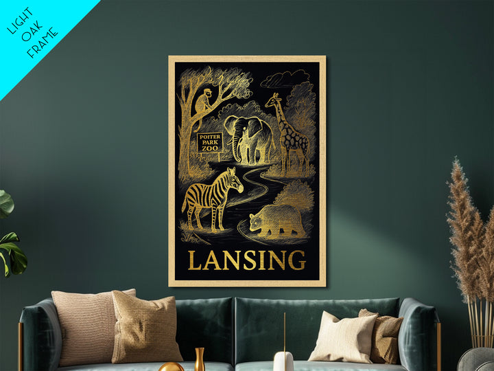 Lansing Michigan art, Metallic Gold Art, Office Decor, Metal Art, Wood Framed Art, Graduation Travel Gift, Destination Gift