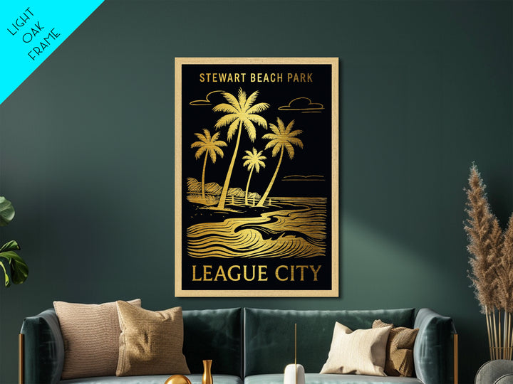 League City Texas art, Metallic Gold Art, Office Decor, Metal Art, Wood Framed Art, Graduation Travel Gift, Destination Gift