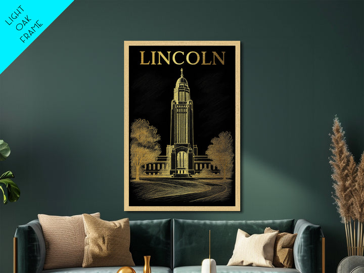 Lincoln Nebraska travel, Metallic Gold Print, Modern Skyline Wall Print, Metal Art, Wood Framed Art, Adventure Lover Gift, Travel Gift