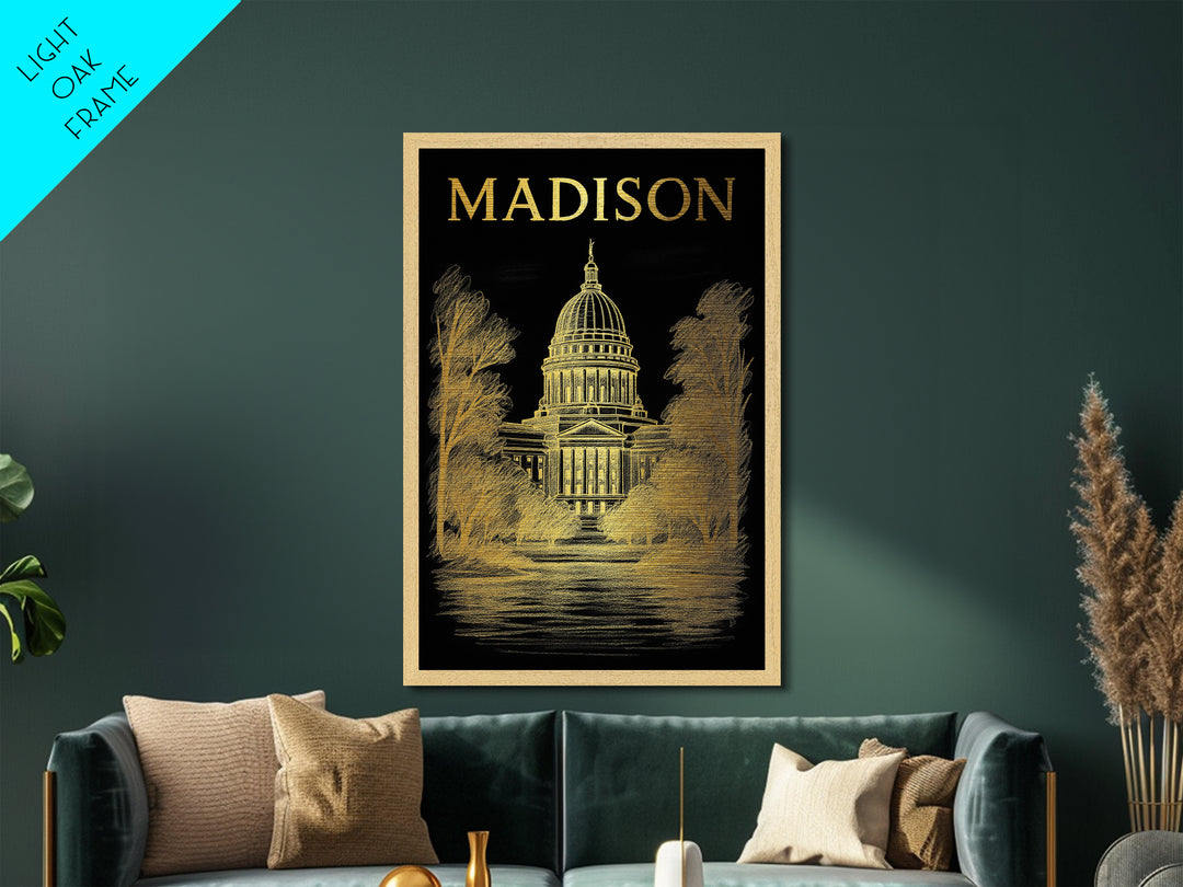 Madison Wisconsin travel, Metallic Gold Print, Modern House Art, Metal Art, Wood Framed Art, Wanderlust Gift