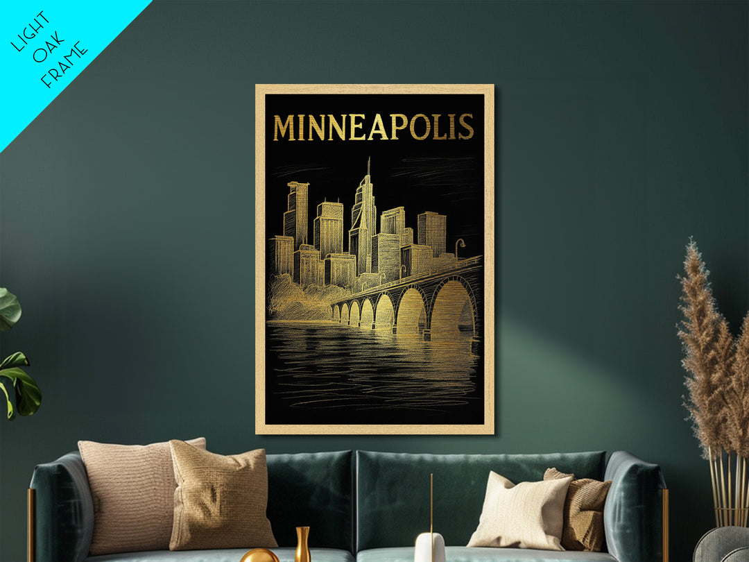 Minneapolis Minnesota travel, Metallic Gold Print, Modern Skyline Wall Print, Metal Art, Wood Framed Art, Adventure Lover Gift