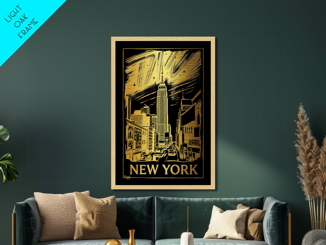 New York New York travel, Metallic Gold Print, Modern Skyline Wall Print, Metal Art, Wood Framed Art, Adventure Lover Gift, Travel Gift