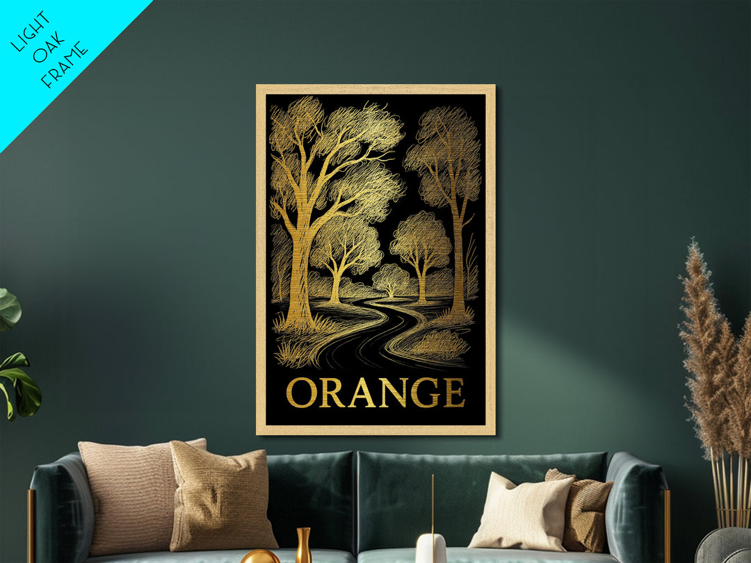 Orange California art, Metallic Gold Art, Housewarming Gift, Metal Art, Wood Framed Art, Newlywed Travel Gift, Honeymoon Gift