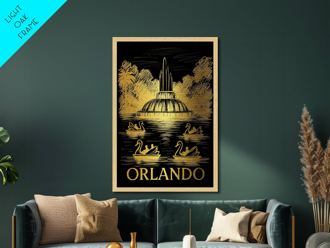 Orlando Florida art, Metallic Gold Art, Office Decor, Metal Art, Wood Framed Art, Graduation Travel Gift, Destination Gift