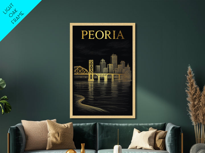 Peoria Illinois art, Metallic Gold Art, Office Decor, Metal Art, Wood Framed Art, Graduation Travel Gift, Destination Gift