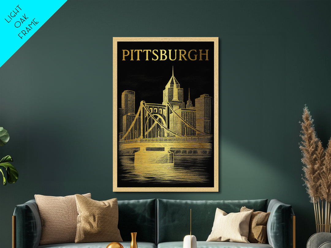 Pittsburgh Pennsylvania travel, Metallic Gold Print, Modern Skyline Wall Print, Metal Art, Wood Framed Art, Adventure Lover Gift