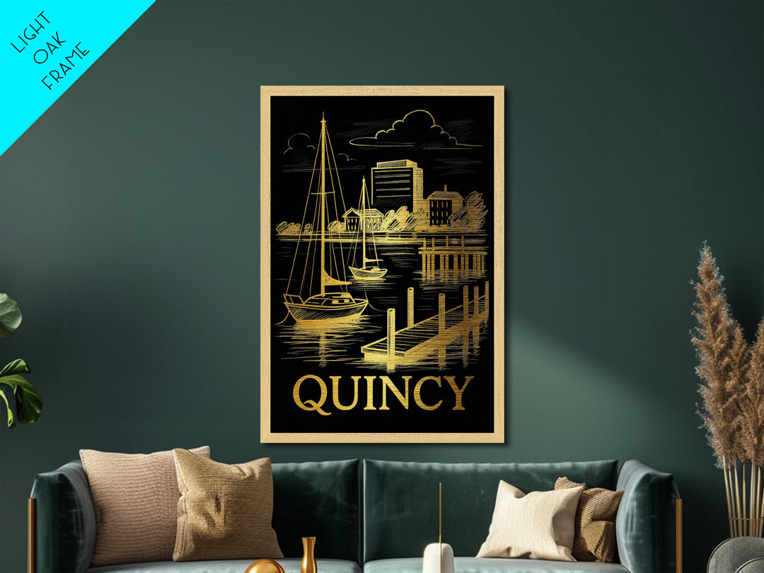 Quincy Massachusetts art, Metallic Gold Art, Best Friend Gifts, Metal Art, Wood Framed Art, Birthday Travel Gift, Destination Gift