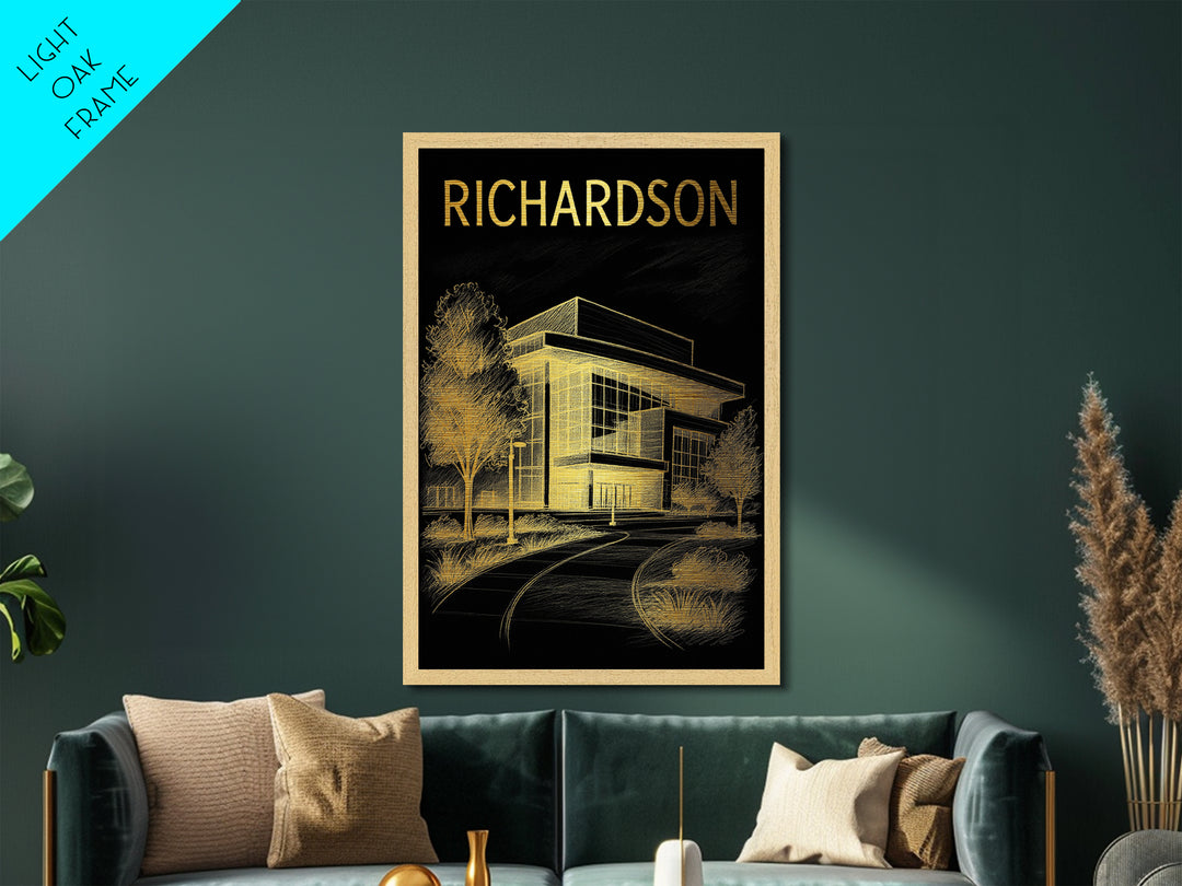 Richardson Texas travel, Metallic Gold Print, Modern Skyline Wall Print, Metal Art, Wood Framed Art, Adventure Lover Gift, Travel Gift