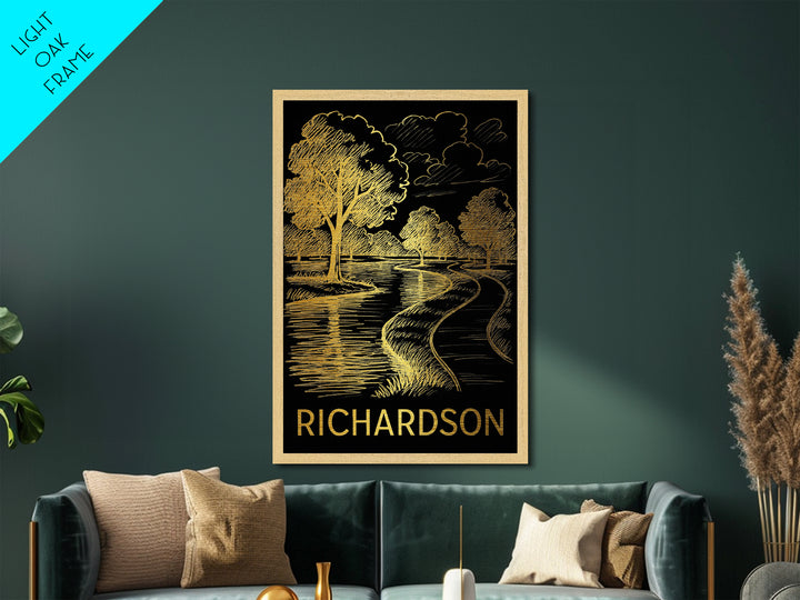 Richardson Texas art, Metallic Gold Art, Housewarming Gift, Metal Art, Wood Framed Art, Newlywed Travel Gift, Honeymoon Gift