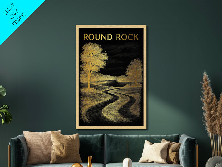 Round Rock Texas travel, Metallic Gold Print, College Dorm Décor, Metal Art, Wood Framed Art, Graduation Travel Gift, Traveler Gift