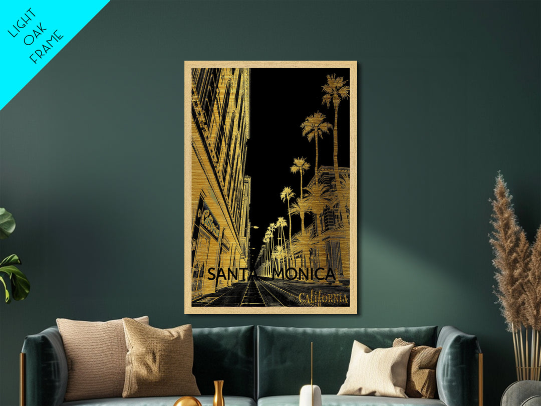 Santa Monica California travel, Metallic Gold Print, Modern House Art, Metal Art, Wood Framed Art, Wanderlust Gift, Travel Art Prints