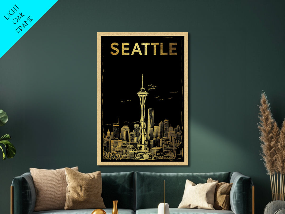 Seattle Washington travel, Metallic Gold Art, Housewarming Gift, Metal Art, Wood Framed Art, Newlywed Travel Gift, Honeymoon Gift