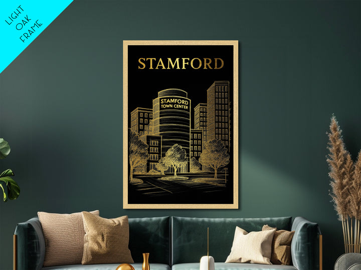 Stamford Connecticut travel, Metallic Gold Print, Modern House Art, Metal Art, Wood Framed Art, Wanderlust Gift, Travel Art Prints