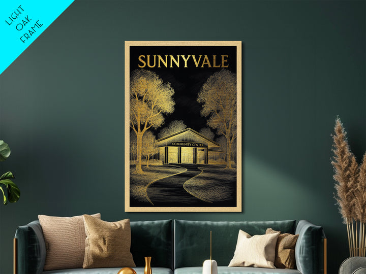 Sunnyvale California travel, Metallic Gold Print, Modern Skyline Wall Print, Metal Art, Wood Framed Art, Adventure Lover Gift, Travel Gift