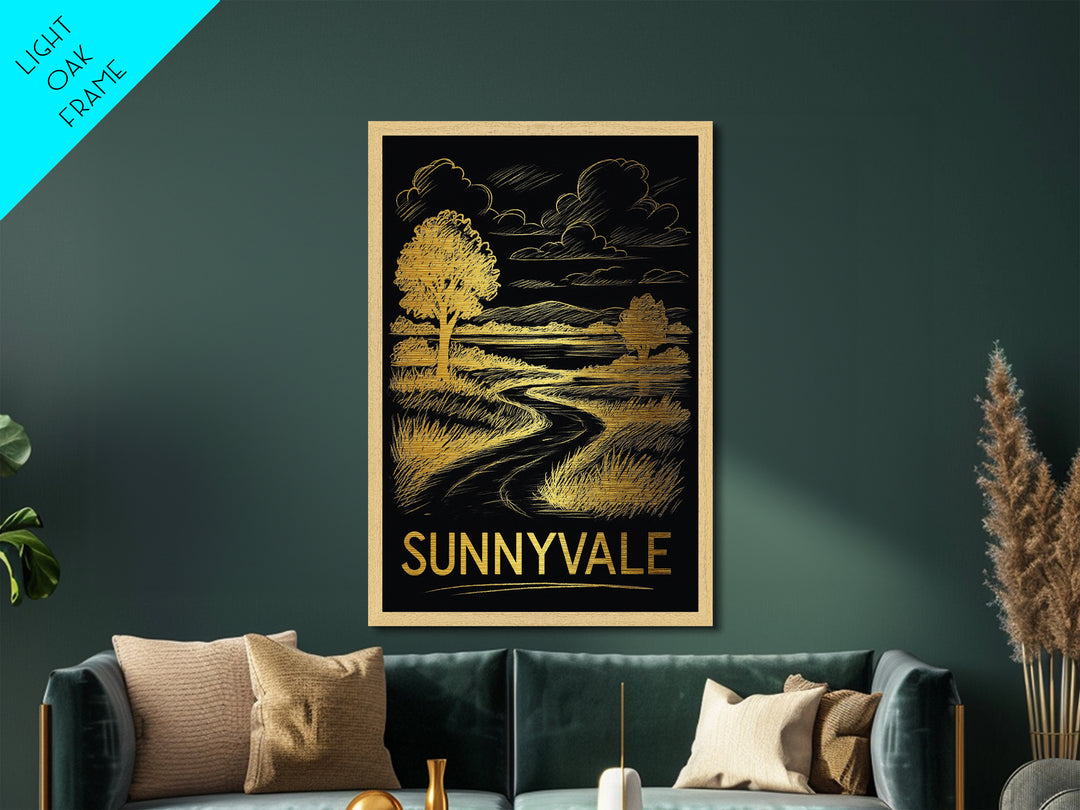 Sunnyvale California art, Metallic Gold Art, Housewarming Gift, Metal Art, Wood Framed Art, Newlywed Travel Gift, Honeymoon Gift