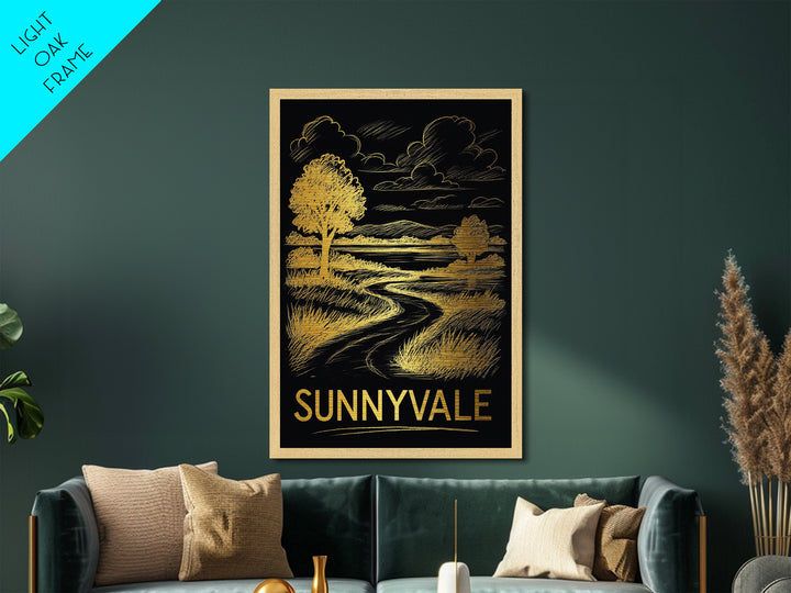 Sunnyvale California art, Metallic Gold Art, Housewarming Gift, Metal Art, Wood Framed Art, Newlywed Travel Gift, Honeymoon Gift