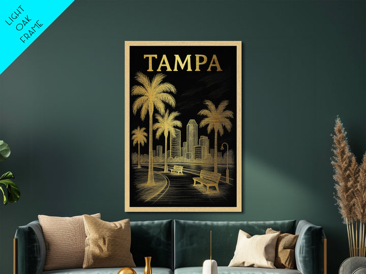 Tampa Florida travel, Metallic Gold Print, Modern Skyline Wall Print, Metal Art, Wood Framed Art, Adventure Lover Gift, Travel Gift