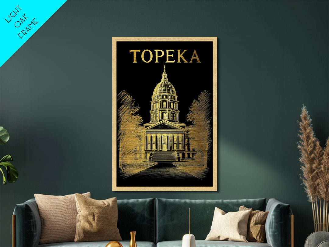Topeka Kansas travel, Metallic Gold Print, Closing Gift, Metal Art, Wood Framed Art, Anniversary Travel Gift, Retirement Gift