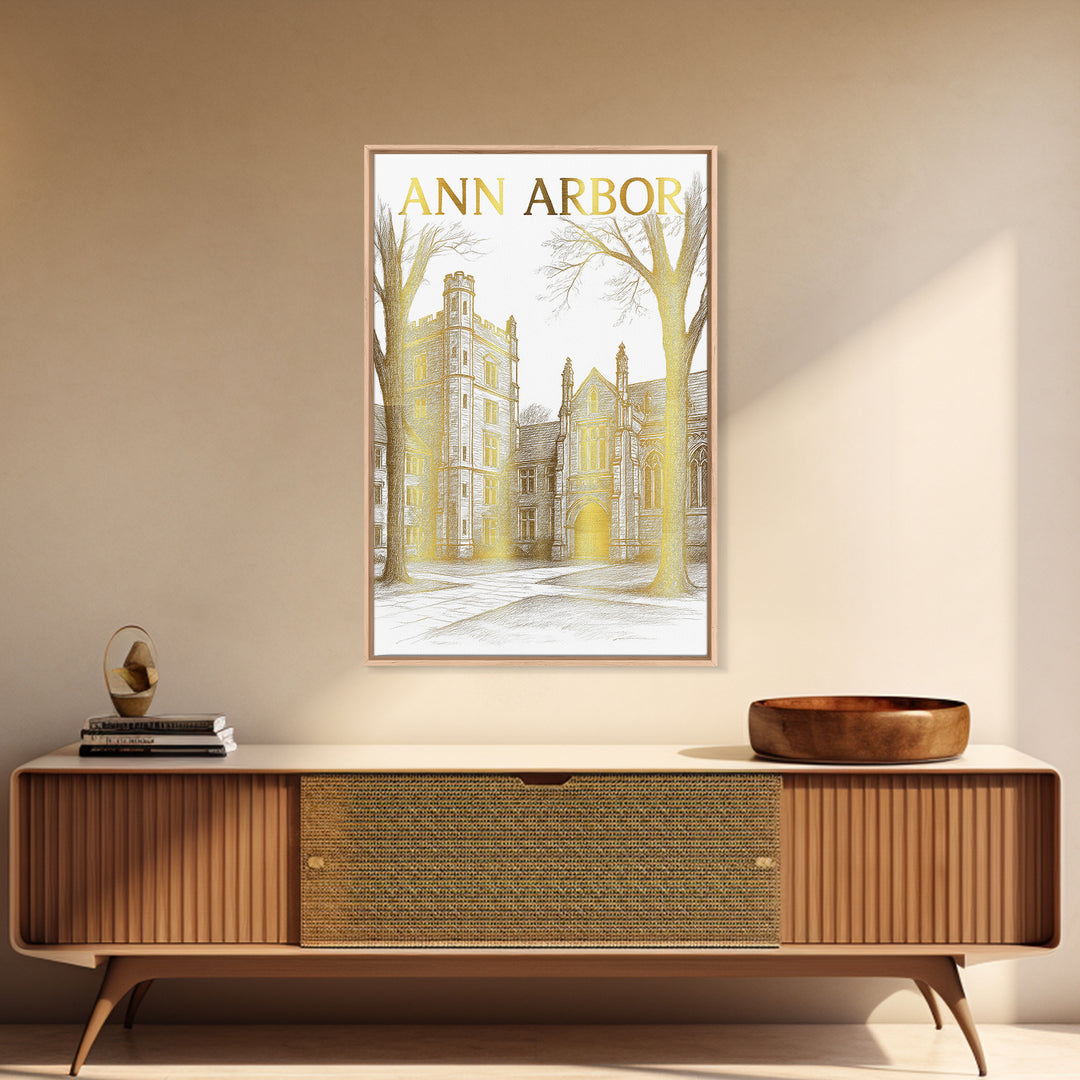 Ann Arbor Michigan Travel Poster, Canvas Print, Gold Line Drawing Wall Art, Ann Arbor Travel Art, Mid Century Wall Art, Travel Wall Decor