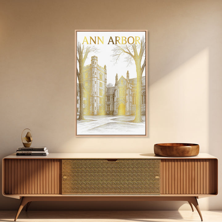 Ann Arbor Michigan Travel Poster, Canvas Print, Gold Line Drawing Wall Art, Ann Arbor Travel Art, Mid Century Wall Art, Travel Wall Decor