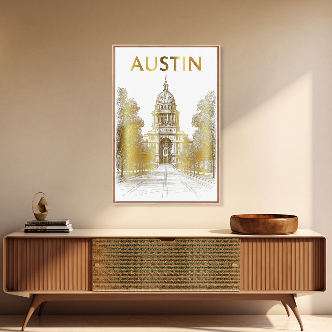 Austin Travel Poster, Framed Canvas Print, Elegant City Illustration, Austin Travel Art, City Travel Prints, Vintage City Art, Design 2