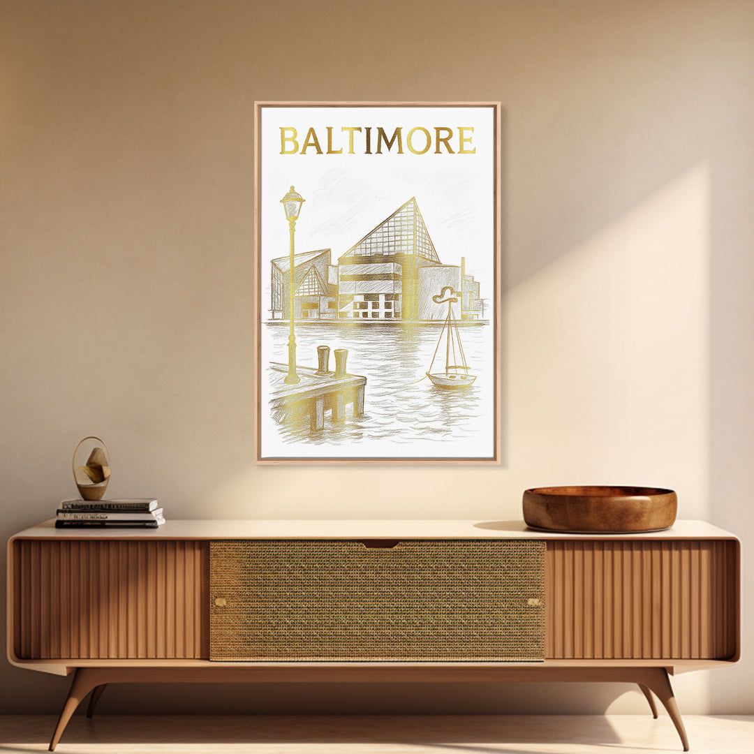 Baltimore Maryland Travel Poster, Framed Canvas Print, White And Gold Sketch Art, Baltimore Art Print, Travel Wall Decor, City Art Print