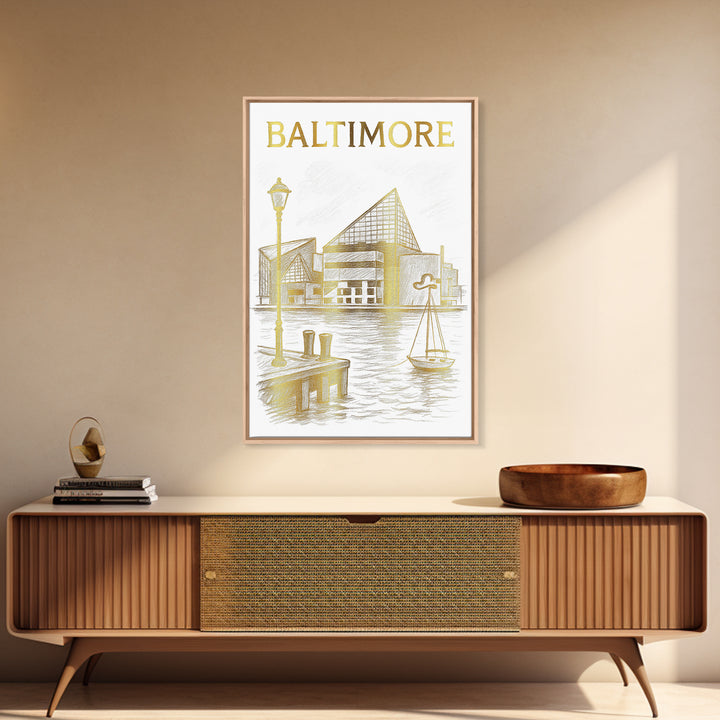 Baltimore Maryland Travel Poster, Framed Canvas Print, White And Gold Sketch Art, Baltimore Art Print, Travel Wall Decor, City Art Print