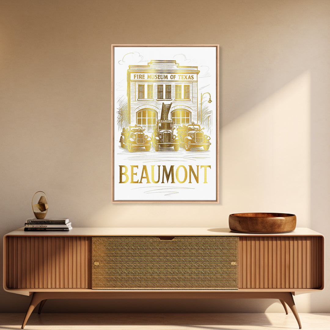 Beaumont Travel Poster, Framed Canvas Print, Gold Line Drawing Wall Art, Beaumont City Art, Home Office Decor, City Travel Prints