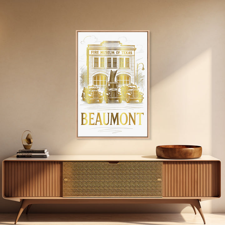 Beaumont Travel Poster, Framed Canvas Print, Gold Line Drawing Wall Art, Beaumont City Art, Home Office Decor, City Travel Prints