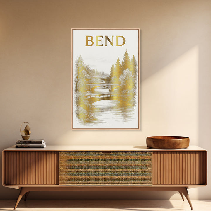 Bend Oregon Travel Poster, Canvas Print, White And Gold Sketch Art, Bend Art Print, Vintage City Poster, City Art Print, Fine Art Print