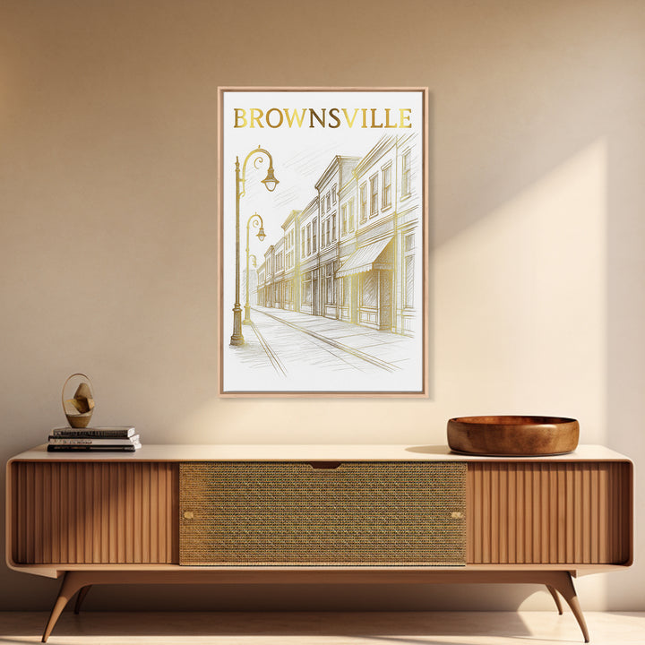 Brownsville Texas Travel Poster, Canvas Print, Gold Line Drawing Wall Art, Brownsville Wall Art, Eclectic Wall Decor, City Art Print