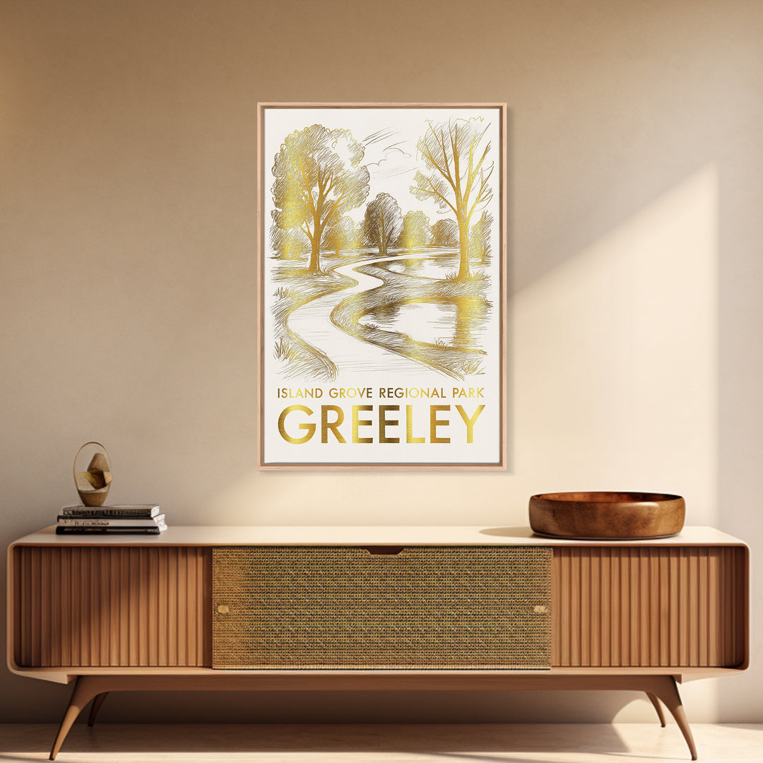 Greeley Travel Poster, Canvas Print, Gold Line Drawing Wall Art, Greeley Poster Print, Vintage Travel Art, Vintage City Poster