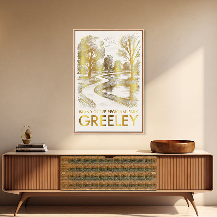 Greeley Travel Poster, Canvas Print, Gold Line Drawing Wall Art, Greeley Poster Print, Vintage Travel Art, Vintage City Poster