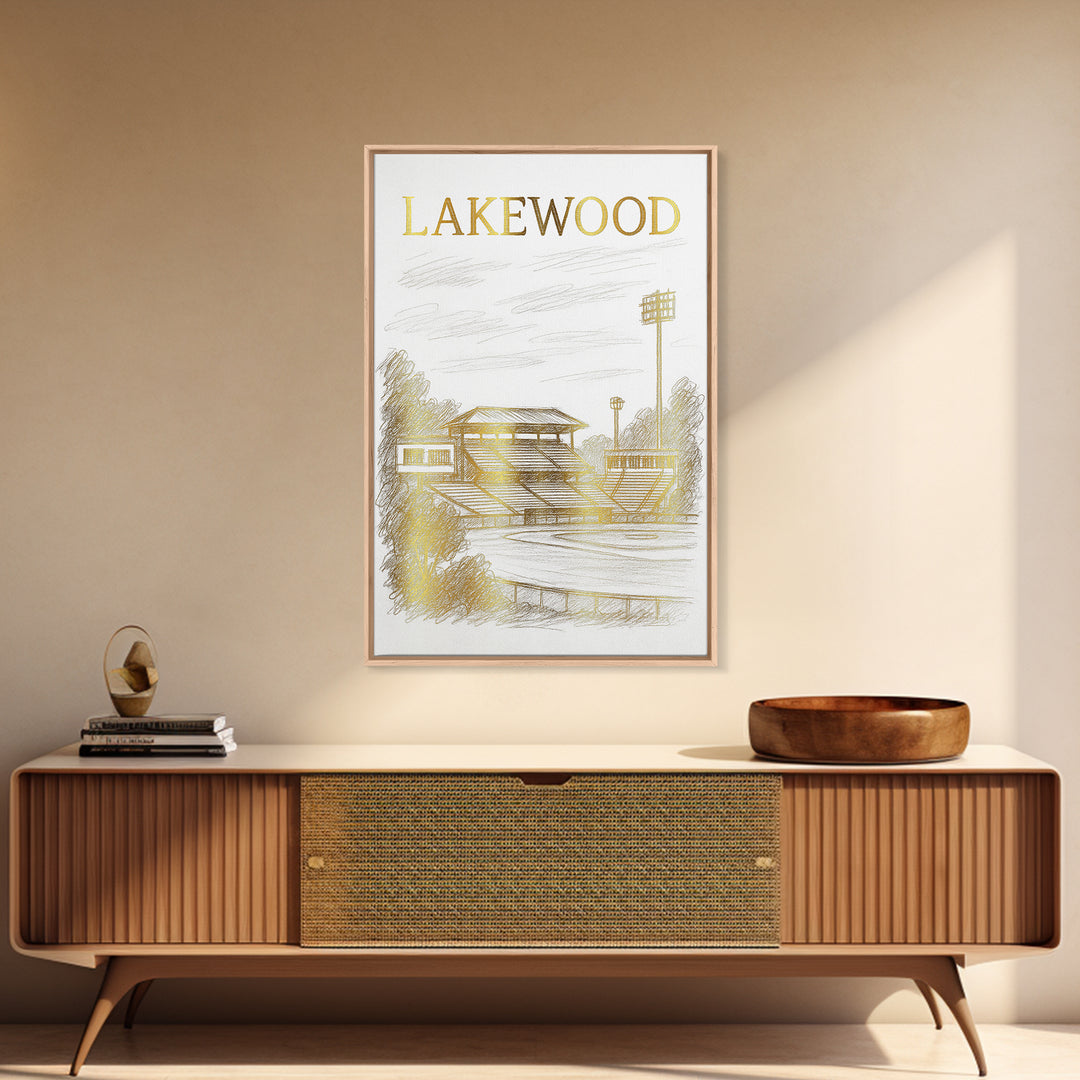 Lakewood Travel Poster, Framed Canvas Print, White And Gold Sketch Art, Lakewood Wall Art, Home Office Decor, Mid Century Wall Art