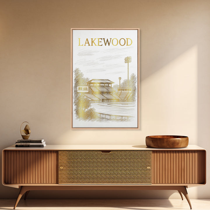 Lakewood Travel Poster, Framed Canvas Print, White And Gold Sketch Art, Lakewood Wall Art, Home Office Decor, Mid Century Wall Art