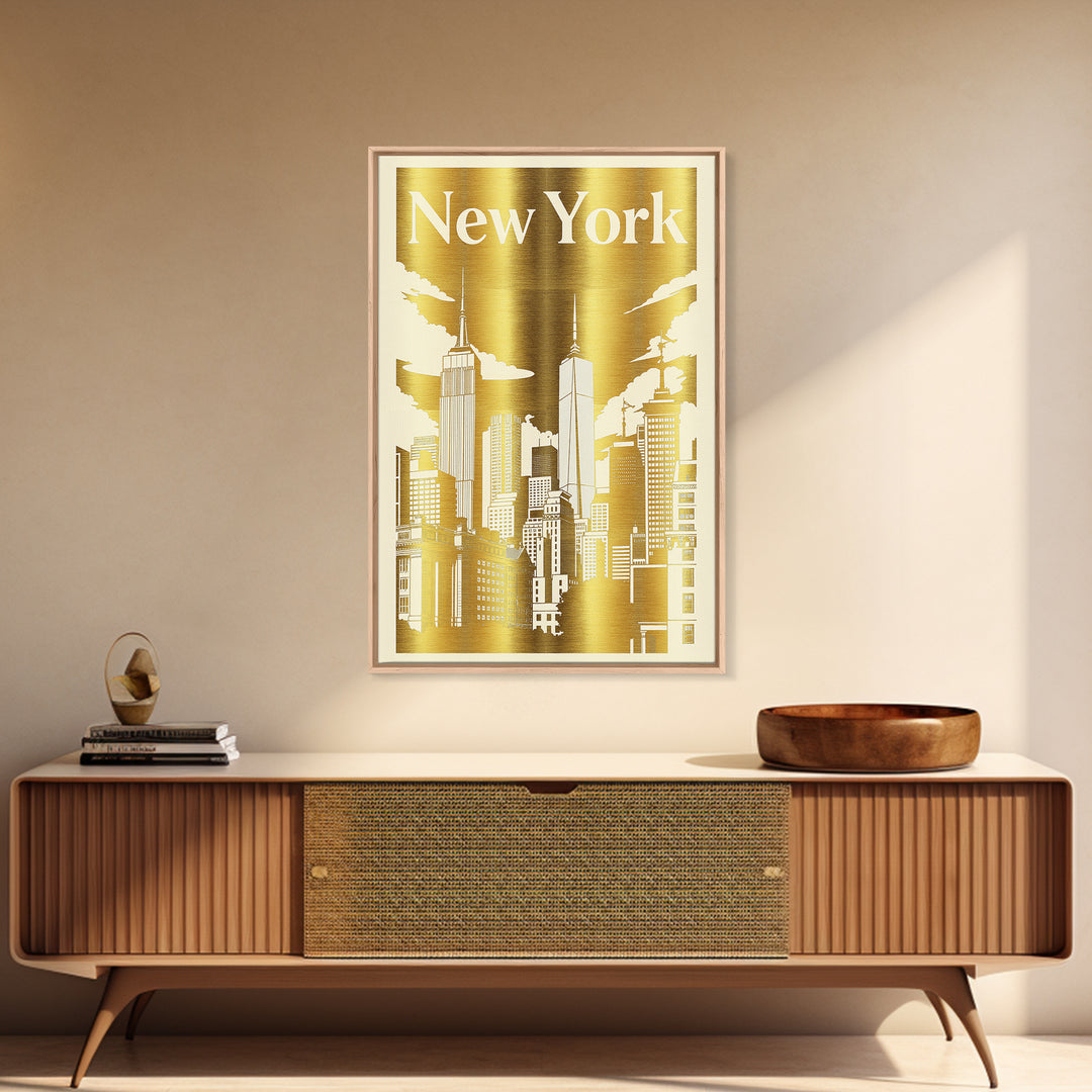 New York Travel Poster, Canvas Print, White And Gold Sketch Art, New York Wall Art, Vintage Travel Print, City Illustration, Poster Art