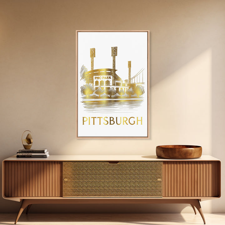Pittsburg Travel Poster, Canvas Print, White And Gold Sketch Art, Pittsburg Wall Art, Retro Travel Print, Travel Wall Art, Vintage City Art