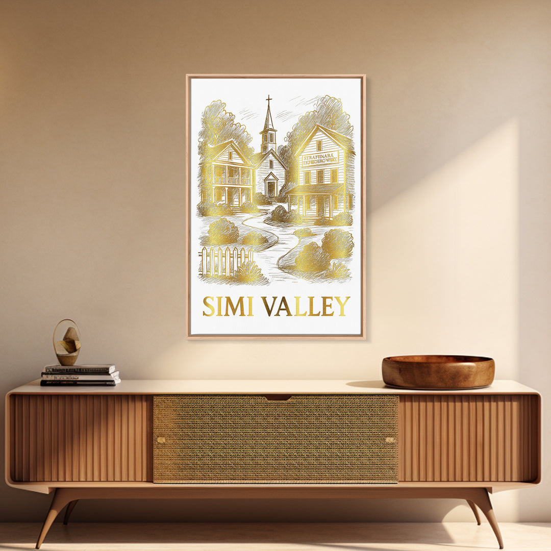 Simi Valley Travel Poster, Framed Canvas Print, White And Gold Sketch Art, Simi Valley Wall Art, Mid Century Wall Art, Retro Travel Print