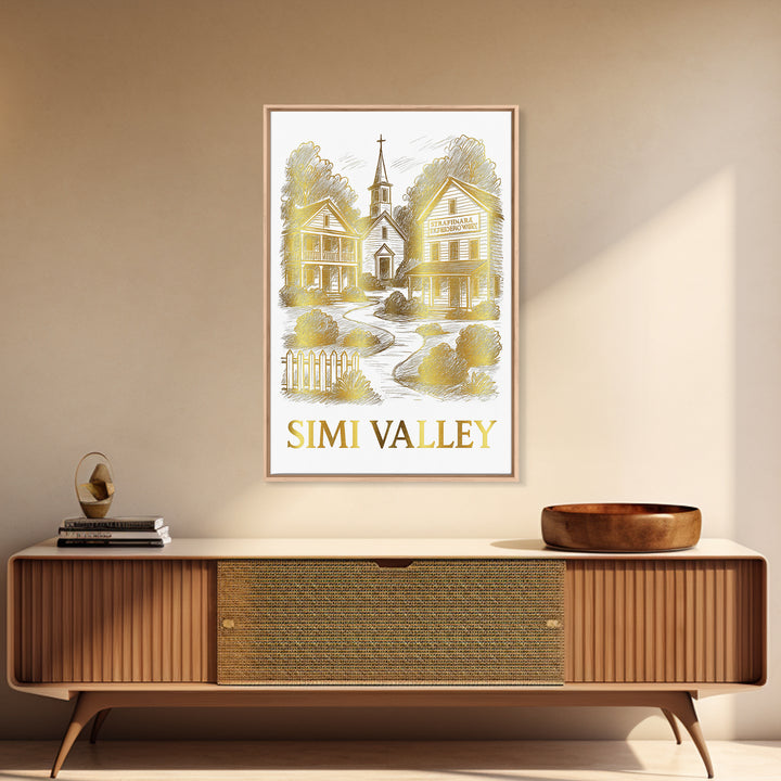 Simi Valley Travel Poster, Framed Canvas Print, White And Gold Sketch Art, Simi Valley Wall Art, Mid Century Wall Art, Retro Travel Print