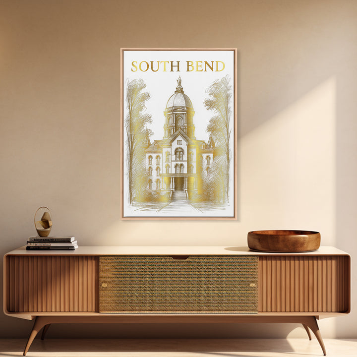 South Bend Indiana Travel Poster, Canvas Print, Gold Line Drawing Wall Art, South Bend City Art, Art Print, Watercolor Skyline, Design 1