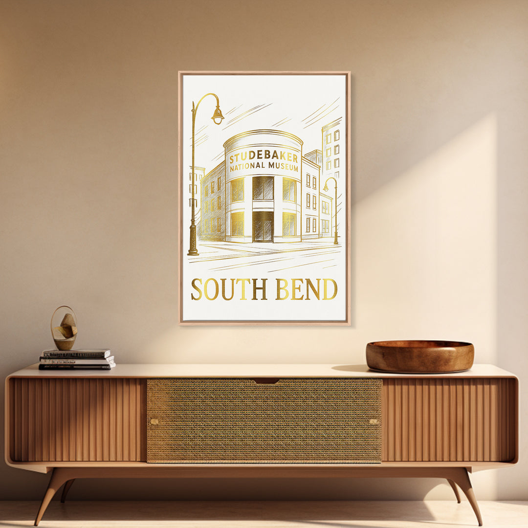 South Bend Travel Poster, Canvas Print, White And Gold Sketch Art, South Bend Wall Art, Modern Wall Decor, Eclectic Wall Decor
