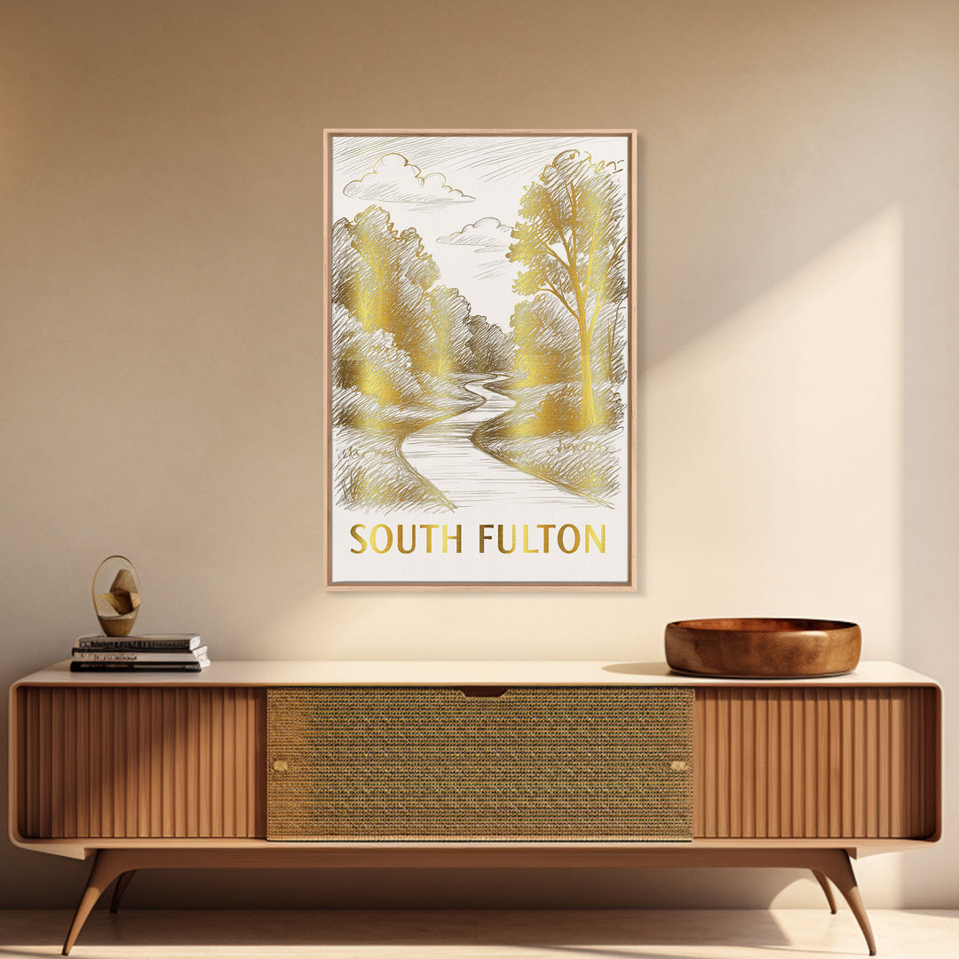 South Fulton Travel Poster, Canvas Print, Gold Line Drawing Wall Art, South Fulton Wall Art, Modern Wall Decor, Mid Century Wall Art
