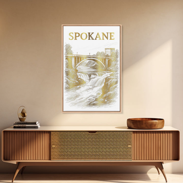 Spokane Washington Travel Poster, Canvas Print, Gold Line Drawing Wall Art, Spokane Travel Art, Retro Travel Print, Vintage Travel Art