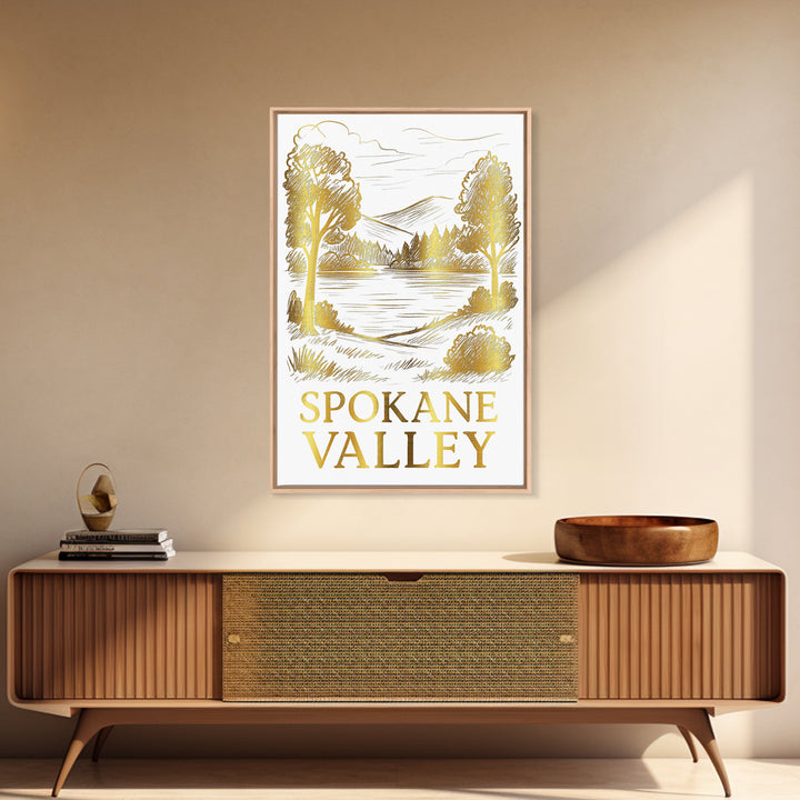 Spokane Valley Travel Poster, Framed Canvas Print, Gold Line Drawing Wall Art, Spokane Valley Travel Art, Travel Poster Set, Wall Art