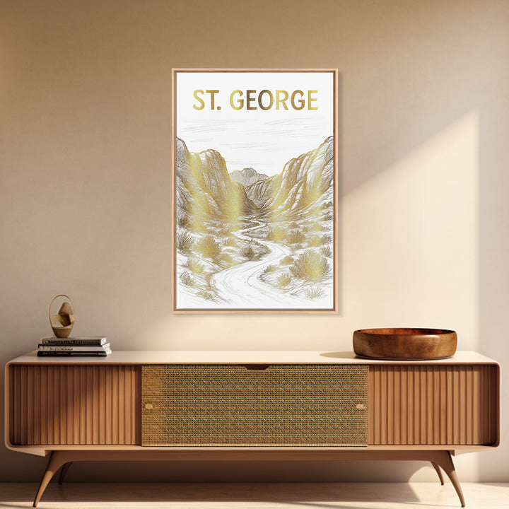 St George Utah Travel Poster, Canvas Print, White And Gold Sketch Art, St George Wall Art, Fine Art Print, Poster Art, Travel Poster Set